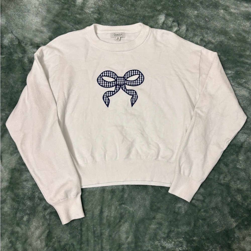 White Sweater with Blue Bow Design